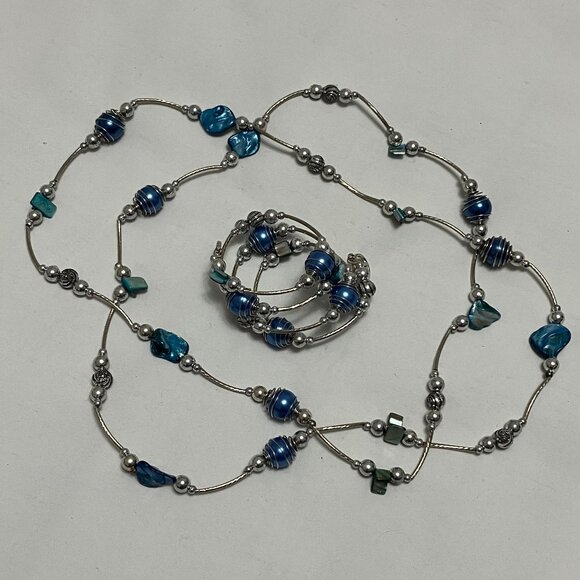 Fashion Costume Blue Silver Bead & Stone Rope Necklace and Bracelet Set - Picture 4 of 12
